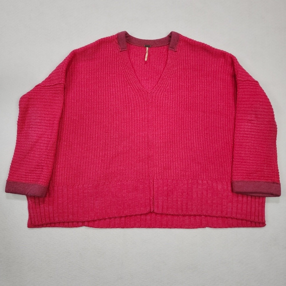 Free People Sweater Womens XS Oversized Pink Chunky Knit V Neck Drop Shoulder